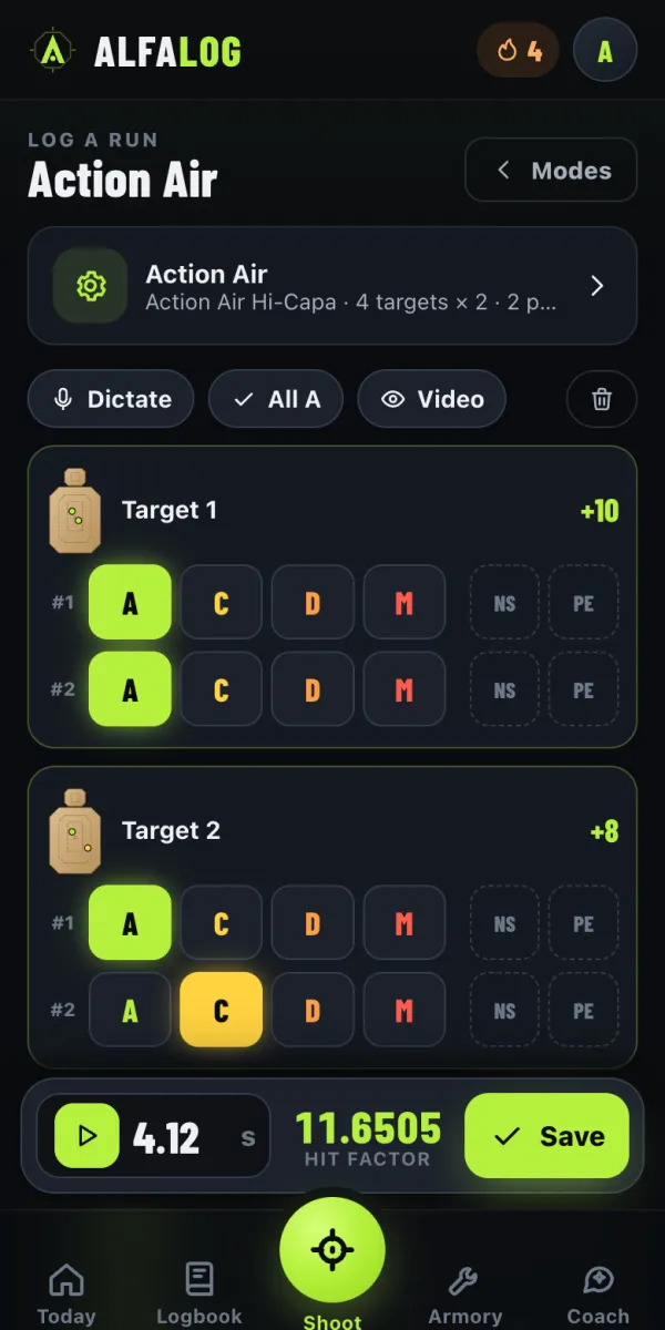 Action Air score sheet in AlfaLog