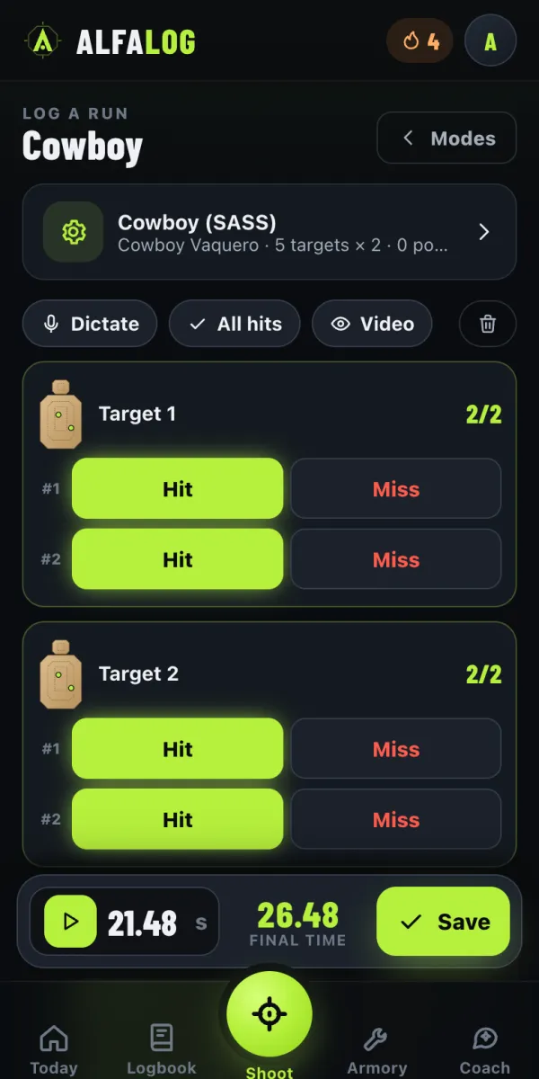 Cowboy (SASS) score sheet in AlfaLog