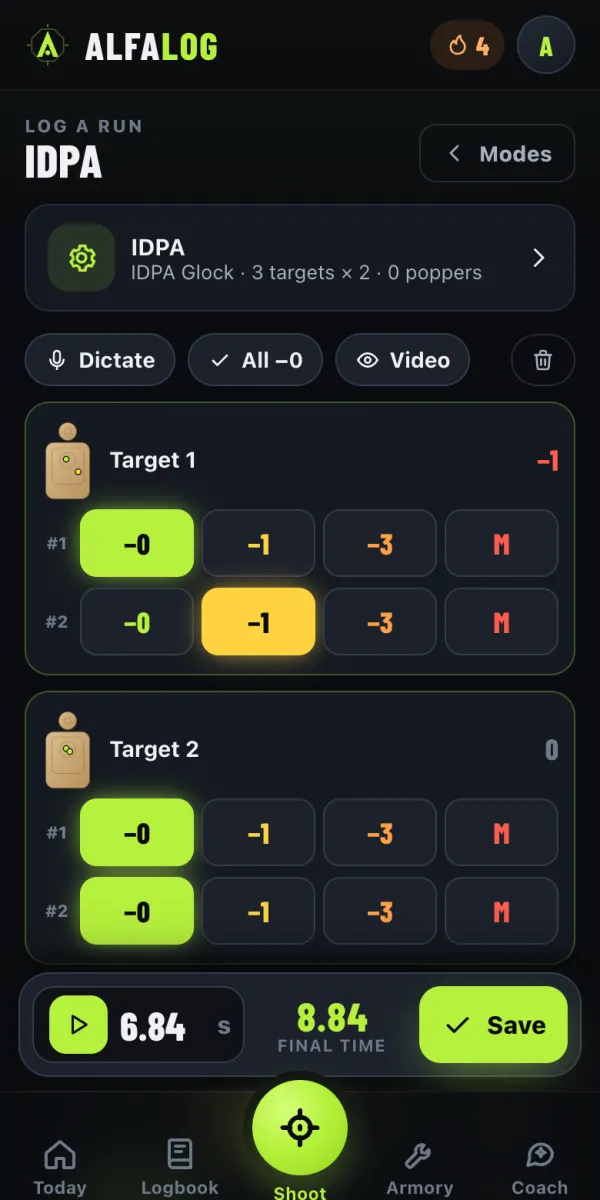 IDPA score sheet in AlfaLog