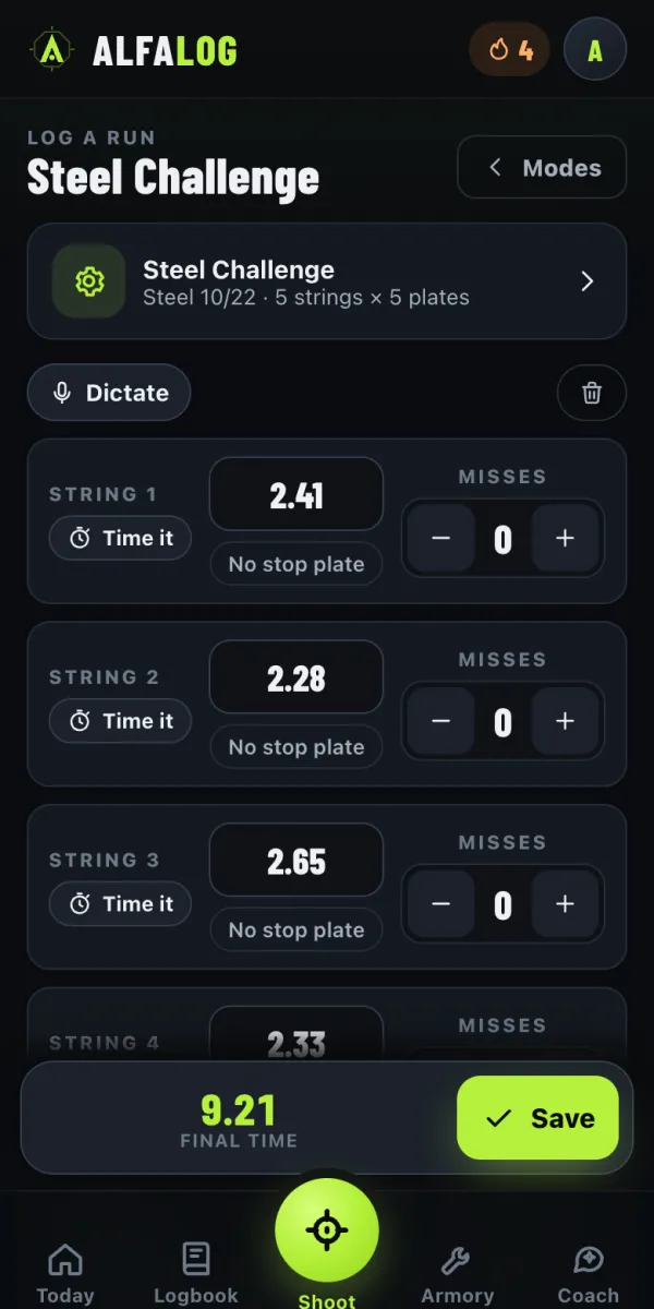 Steel Challenge score sheet in AlfaLog