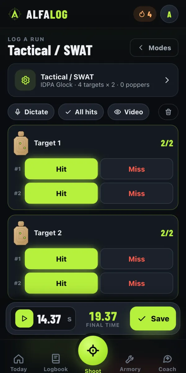 Tactical / SWAT score sheet in AlfaLog