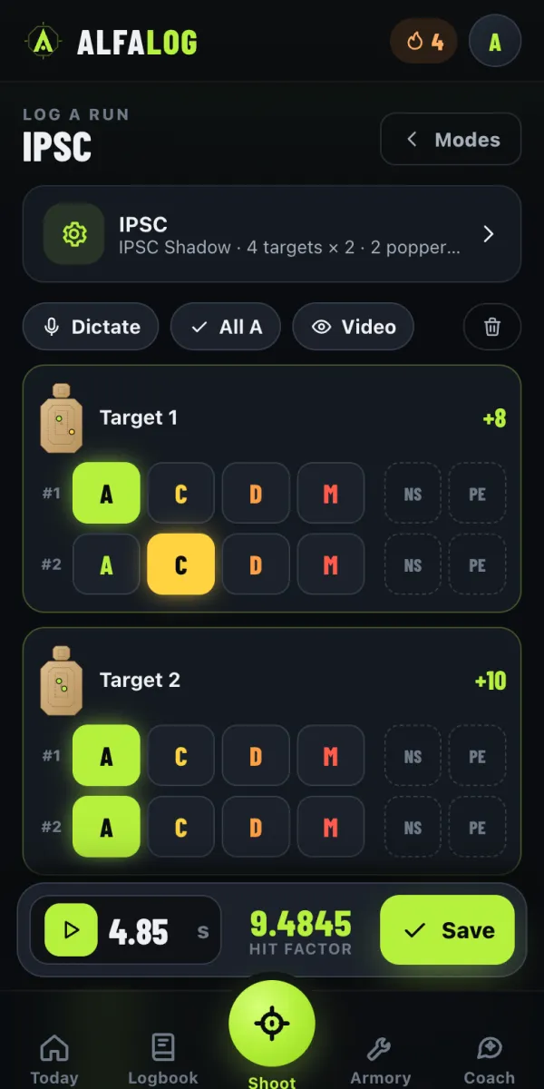 Every target with its two shots: one tap per zone.