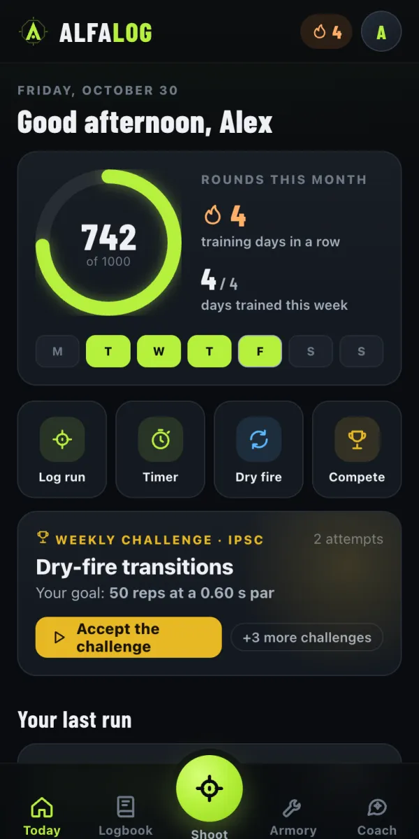 AlfaLog home screen with the monthly round goal